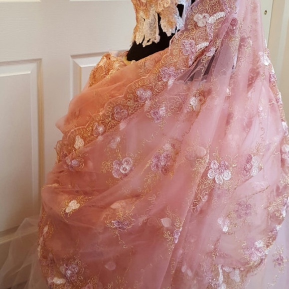 Pink Gold White Lace Lehenga Sari Bridal Ballgown - Picture 5 of 11